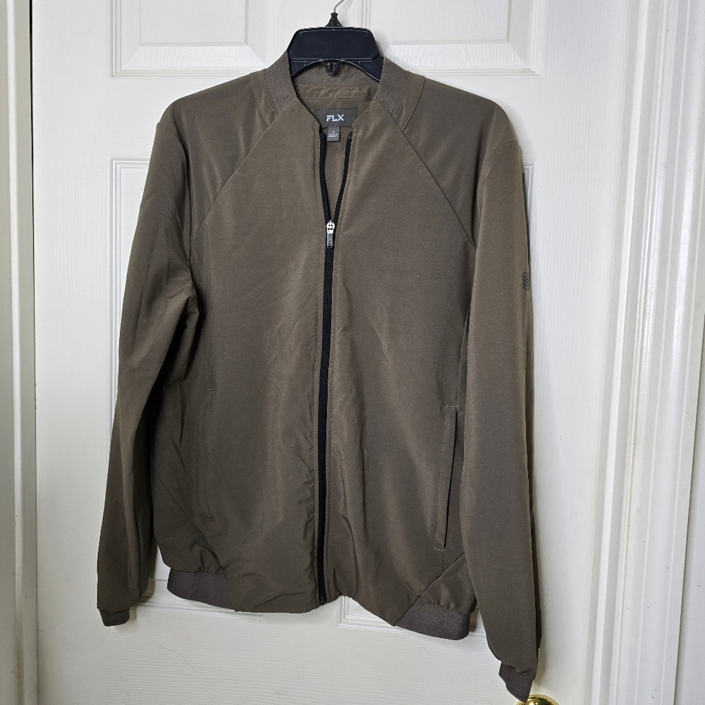 Men's Olive FLX Zip Front Jacket Pockets Black‎ Trim S